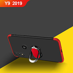 Handyhülle Hülle Kunststoff Schutzhülle Matt Vorder und Rückseite 360 Grad mit Magnetisch Fingerring Ständer für Huawei Y9 (2019) Rot und Schwarz