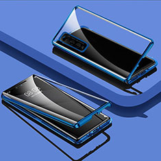 Handyhülle Hülle Luxus Aluminium Metall Rahmen Spiegel 360 Grad Ganzkörper Tasche für Vivo iQOO U1 Blau
