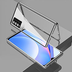 Handyhülle Hülle Luxus Aluminium Metall Rahmen Spiegel 360 Grad Ganzkörper Tasche für Xiaomi Redmi 9 Power Silber