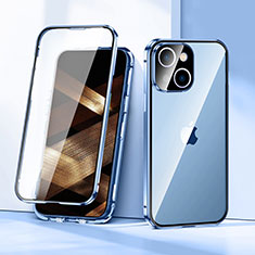 Handyhülle Hülle Luxus Aluminium Metall Rahmen Spiegel 360 Grad Ganzkörper Tasche LK1 für Apple iPhone 15 Blau