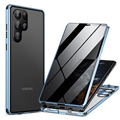 Handyhülle Hülle Luxus Aluminium Metall Rahmen Spiegel 360 Grad Ganzkörper Tasche LK1 für Samsung Galaxy S22 Ultra 5G Blau
