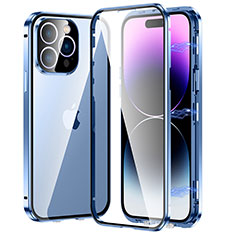 Handyhülle Hülle Luxus Aluminium Metall Rahmen Spiegel 360 Grad Ganzkörper Tasche LO1 für Apple iPhone 14 Pro Max Blau