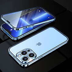 Handyhülle Hülle Luxus Aluminium Metall Rahmen Spiegel 360 Grad Ganzkörper Tasche M01 für Apple iPhone 13 Pro Blau