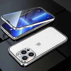 Handyhülle Hülle Luxus Aluminium Metall Rahmen Spiegel 360 Grad Ganzkörper Tasche M01 für Apple iPhone 13 Pro Silber