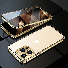 Handyhülle Hülle Luxus Aluminium Metall Rahmen Spiegel 360 Grad Ganzkörper Tasche M01 für Apple iPhone 14 Pro Max Gold