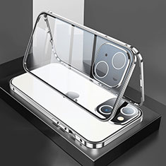 Handyhülle Hülle Luxus Aluminium Metall Rahmen Spiegel 360 Grad Ganzkörper Tasche M01 für Apple iPhone 14 Silber