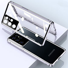 Handyhülle Hülle Luxus Aluminium Metall Rahmen Spiegel 360 Grad Ganzkörper Tasche M01 für Samsung Galaxy S24 Ultra 5G Silber