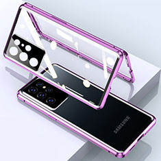 Handyhülle Hülle Luxus Aluminium Metall Rahmen Spiegel 360 Grad Ganzkörper Tasche M01 für Samsung Galaxy S24 Ultra 5G Violett