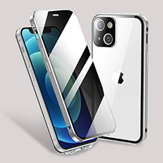 Handyhülle Hülle Luxus Aluminium Metall Rahmen Spiegel 360 Grad Ganzkörper Tasche M02 für Apple iPhone 14 Plus Silber