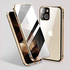 Handyhülle Hülle Luxus Aluminium Metall Rahmen Spiegel 360 Grad Ganzkörper Tasche M02 für Apple iPhone 15 Gold