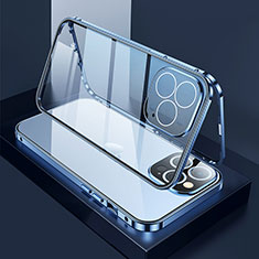 Handyhülle Hülle Luxus Aluminium Metall Rahmen Spiegel 360 Grad Ganzkörper Tasche M02 für Apple iPhone 15 Pro Blau