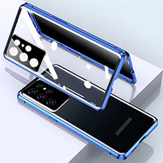 Handyhülle Hülle Luxus Aluminium Metall Rahmen Spiegel 360 Grad Ganzkörper Tasche M03 für Samsung Galaxy S24 Ultra 5G Blau