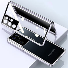 Handyhülle Hülle Luxus Aluminium Metall Rahmen Spiegel 360 Grad Ganzkörper Tasche M03 für Samsung Galaxy S24 Ultra 5G Silber