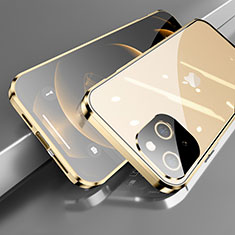 Handyhülle Hülle Luxus Aluminium Metall Rahmen Spiegel 360 Grad Ganzkörper Tasche M05 für Apple iPhone 14 Gold