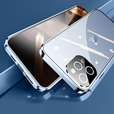 Handyhülle Hülle Luxus Aluminium Metall Rahmen Spiegel 360 Grad Ganzkörper Tasche M05 für Apple iPhone 14 Pro Max Blau