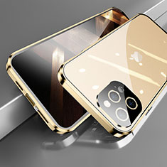 Handyhülle Hülle Luxus Aluminium Metall Rahmen Spiegel 360 Grad Ganzkörper Tasche M05 für Apple iPhone 14 Pro Max Gold