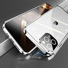 Handyhülle Hülle Luxus Aluminium Metall Rahmen Spiegel 360 Grad Ganzkörper Tasche M05 für Apple iPhone 14 Pro Max Silber