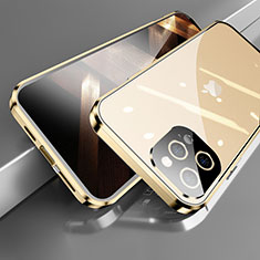 Handyhülle Hülle Luxus Aluminium Metall Rahmen Spiegel 360 Grad Ganzkörper Tasche M05 für Apple iPhone 15 Pro Gold