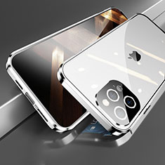 Handyhülle Hülle Luxus Aluminium Metall Rahmen Spiegel 360 Grad Ganzkörper Tasche M05 für Apple iPhone 15 Pro Max Silber