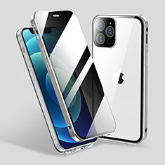 Handyhülle Hülle Luxus Aluminium Metall Rahmen Spiegel 360 Grad Ganzkörper Tasche M06 für Apple iPhone 13 Pro Silber