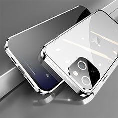 Handyhülle Hülle Luxus Aluminium Metall Rahmen Spiegel 360 Grad Ganzkörper Tasche M06 für Apple iPhone 14 Plus Silber