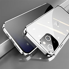 Handyhülle Hülle Luxus Aluminium Metall Rahmen Spiegel 360 Grad Ganzkörper Tasche M06 für Apple iPhone 15 Plus Silber