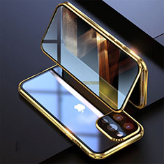 Handyhülle Hülle Luxus Aluminium Metall Rahmen Spiegel 360 Grad Ganzkörper Tasche M08 für Apple iPhone 14 Pro Gold