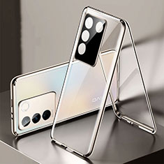 Handyhülle Hülle Luxus Aluminium Metall Rahmen Spiegel 360 Grad Ganzkörper Tasche P01 für Vivo V27 Pro 5G Gold