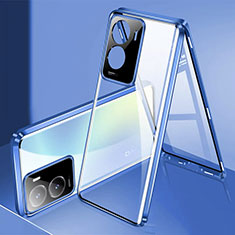 Handyhülle Hülle Luxus Aluminium Metall Rahmen Spiegel 360 Grad Ganzkörper Tasche P01 für Vivo Y35m 5G Blau