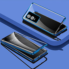 Handyhülle Hülle Luxus Aluminium Metall Rahmen Spiegel 360 Grad Ganzkörper Tasche P03 für Vivo Y76s 5G Blau