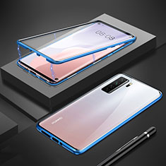 Handyhülle Hülle Luxus Aluminium Metall Rahmen Spiegel 360 Grad Ganzkörper Tasche T01 für Huawei Nova 7 SE 5G Blau