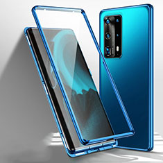 Handyhülle Hülle Luxus Aluminium Metall Rahmen Spiegel 360 Grad Ganzkörper Tasche T01 für Huawei P40 Pro+ Plus Blau