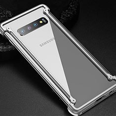 Handyhülle Hülle Luxus Aluminium Metall Rahmen Tasche T01 für Samsung Galaxy S10 Silber