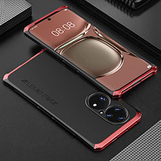 Handyhülle Hülle Luxus Aluminium Metall Tasche 360 Grad Ganzkörper für Huawei P50 Pro Rot und Schwarz