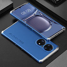 Handyhülle Hülle Luxus Aluminium Metall Tasche 360 Grad Ganzkörper für Huawei P50 Pro Silber und Blau