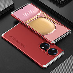 Handyhülle Hülle Luxus Aluminium Metall Tasche 360 Grad Ganzkörper für Huawei P50 Pro Silber und Rot