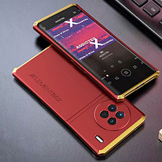 Handyhülle Hülle Luxus Aluminium Metall Tasche 360 Grad Ganzkörper für Vivo X90 5G Gold und Rot