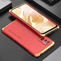 Handyhülle Hülle Luxus Aluminium Metall Tasche 360 Grad Ganzkörper für Xiaomi Redmi Note 10 JE 5G Gold und Rot