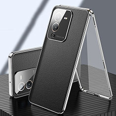 Handyhülle Hülle Luxus Aluminium Metall und Leder Tasche 360 Grad Ganzkörper für Vivo V25 Pro 5G Schwarz