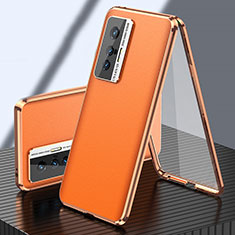 Handyhülle Hülle Luxus Aluminium Metall und Leder Tasche 360 Grad Ganzkörper für Vivo X70 5G Orange