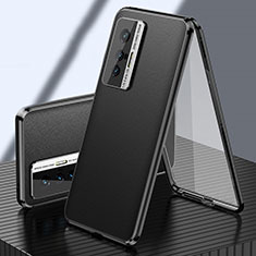 Handyhülle Hülle Luxus Aluminium Metall und Leder Tasche 360 Grad Ganzkörper für Vivo X70 5G Schwarz
