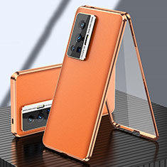Handyhülle Hülle Luxus Aluminium Metall und Leder Tasche 360 Grad Ganzkörper für Vivo X70 Pro 5G Orange