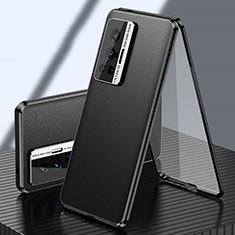 Handyhülle Hülle Luxus Aluminium Metall und Leder Tasche 360 Grad Ganzkörper für Vivo X70 Pro 5G Schwarz