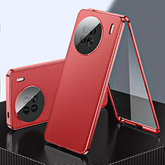 Handyhülle Hülle Luxus Aluminium Metall und Leder Tasche 360 Grad Ganzkörper für Vivo X90 5G Rot