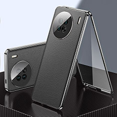 Handyhülle Hülle Luxus Aluminium Metall und Leder Tasche 360 Grad Ganzkörper für Vivo X90 Pro 5G Schwarz