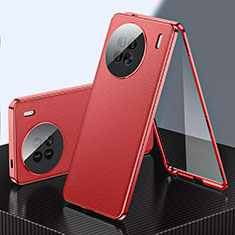 Handyhülle Hülle Luxus Aluminium Metall und Leder Tasche 360 Grad Ganzkörper für Vivo X90 Pro+ Plus 5G Rot