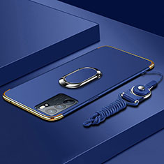 Handyhülle Hülle Luxus Metall Rahmen und Kunststoff Schutzhülle Hartschalen Tasche mit Fingerring Ständer für Oppo Reno6 5G Blau
