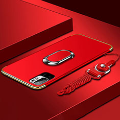 Handyhülle Hülle Luxus Metall Rahmen und Kunststoff Schutzhülle Hartschalen Tasche mit Fingerring Ständer für Xiaomi Redmi Note 10 5G Rot