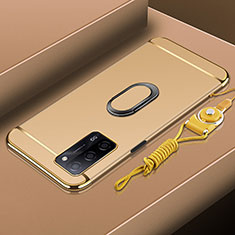 Handyhülle Hülle Luxus Metall Rahmen und Kunststoff Schutzhülle Hartschalen Tasche mit Fingerring Ständer P01 für Oppo A53s 5G Gold