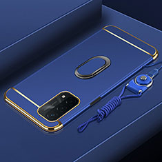 Handyhülle Hülle Luxus Metall Rahmen und Kunststoff Schutzhülle Hartschalen Tasche mit Fingerring Ständer P01 für Oppo A54 5G Blau